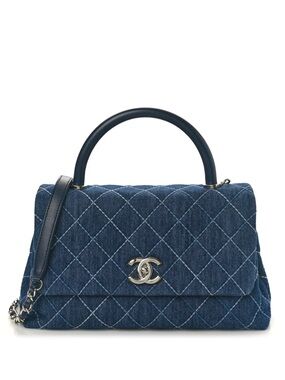 CHANEL CC Coco Handle Small Blue Denim Quilted Shoulder Flap Bag Silver Hardware